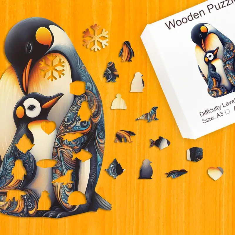 Familie de pinguini care se îmbrățișează - Puzzle din lemn 1