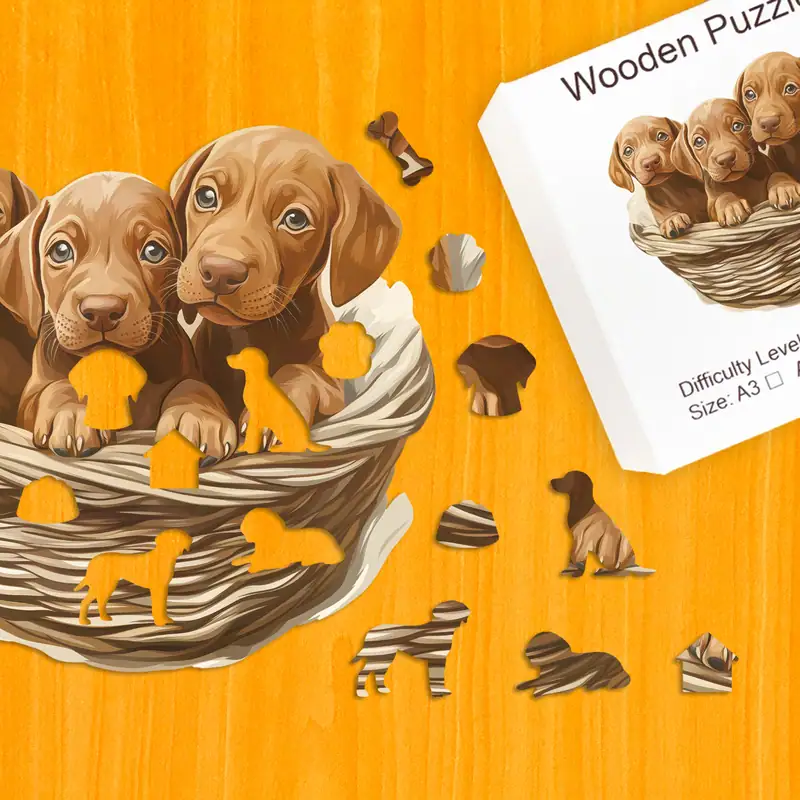 Pui de Vizsla curioși - Puzzle din lemn 1 Pui de Vizsla curioși - Puzzle din lemn 1