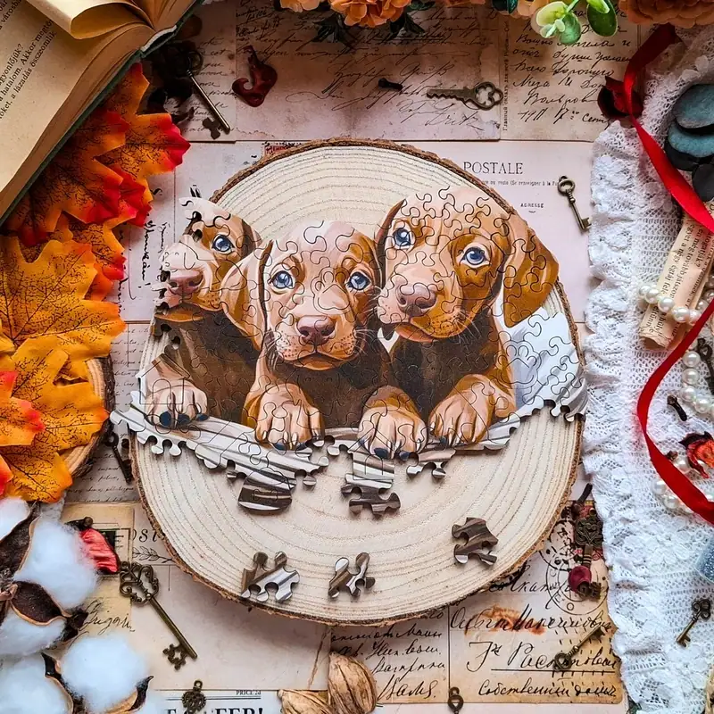 Pui de Vizsla curioși - Puzzle din lemn 4 Pui de Vizsla curioși - Puzzle din lemn 4