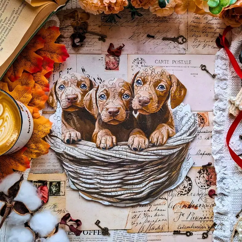Pui de Vizsla curioși - Puzzle din lemn 5 Pui de Vizsla curioși - Puzzle din lemn 5