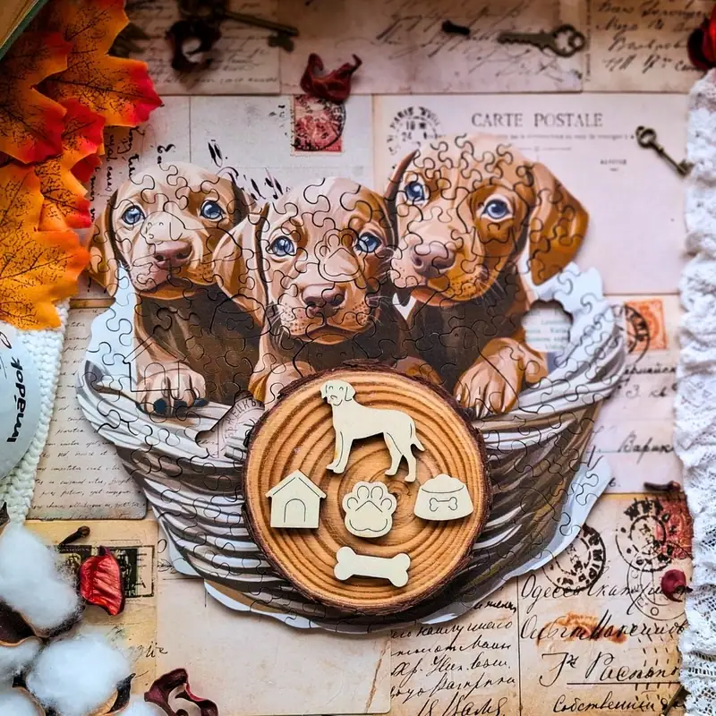 Pui de Vizsla curioși - Puzzle din lemn 6 Pui de Vizsla curioși - Puzzle din lemn 6