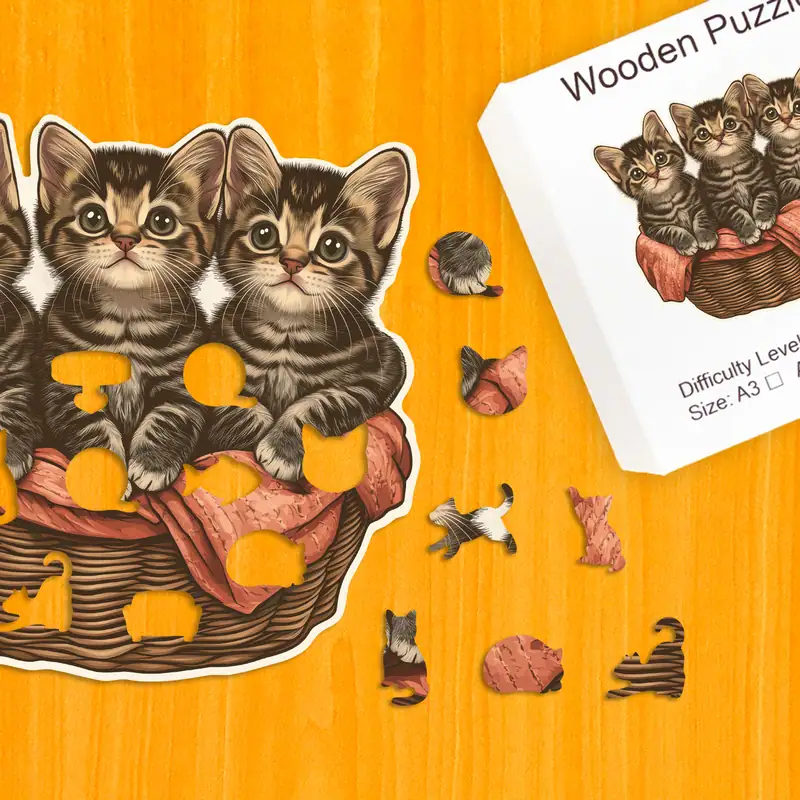 Un coș plin cu pisicuțe - Puzzle din lemn 1